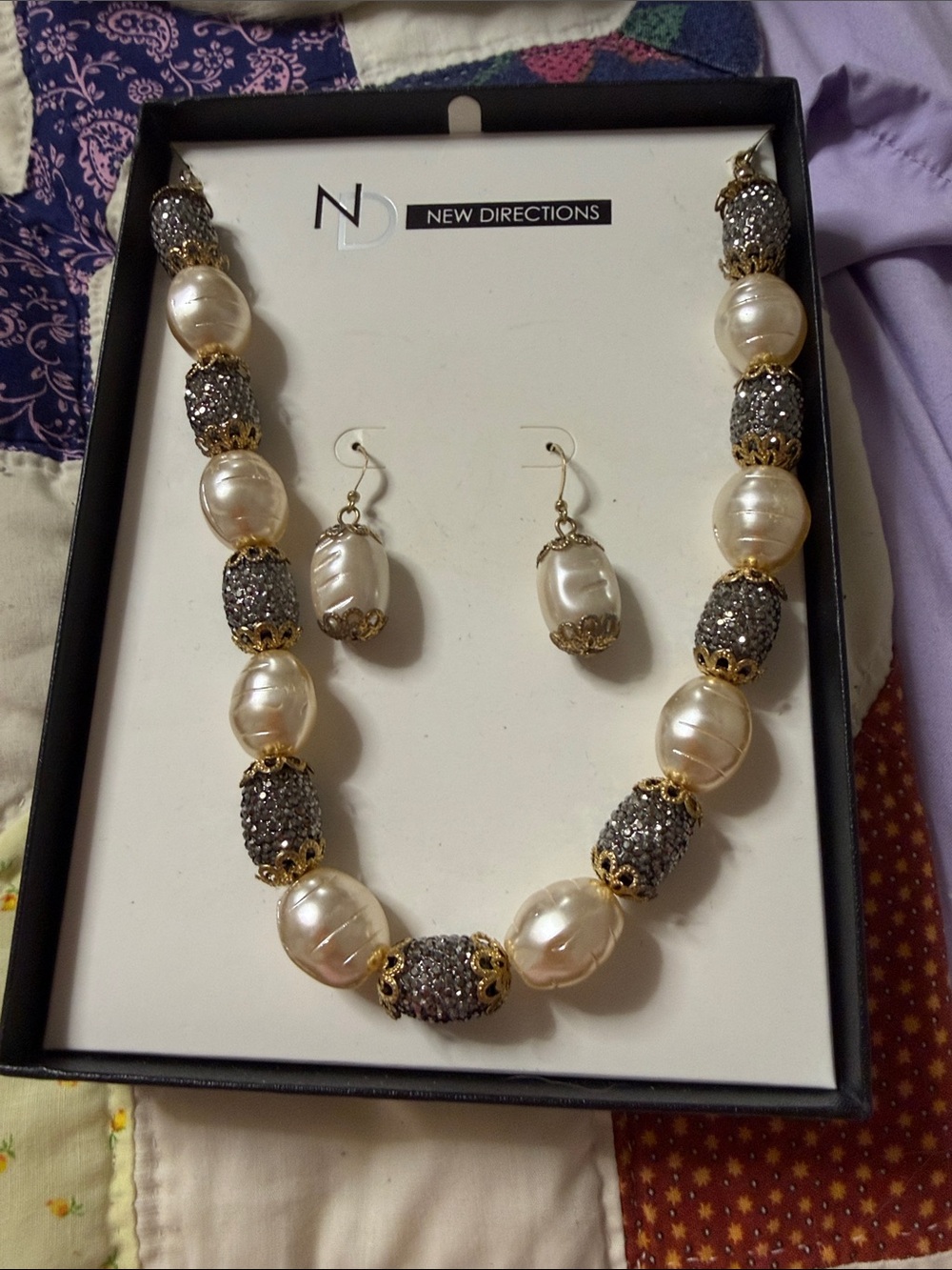new directions Pearl and Gold Bead Statement Necklace with Gray Pavé Accents